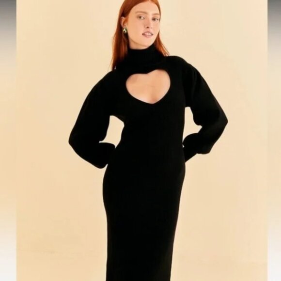 Farm Rio Heart Neckline Rib Knit Midi Dress Black Size Small NWT - Picture 2 of 9